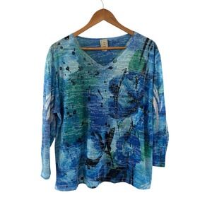 Jess & Jane Abstract Beaded Boho Tunic Top Womens 2X Blue Artsy Boutique